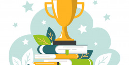 Illustration eines Pokals, der auf einem Bücherstapel steht