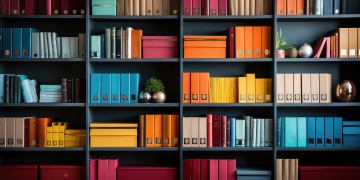 Bücherregal mit verschiedenfarbigen Büchern und Ordnern