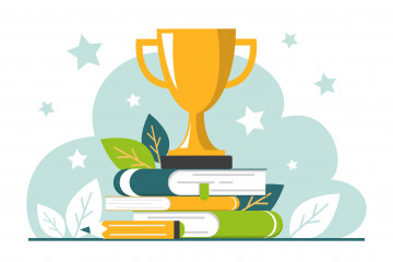 Illustration eines Pokals, der auf einem Bücherstapel steht