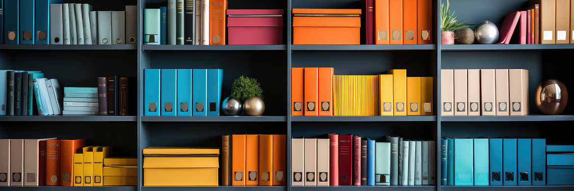 Bücherregal mit verschiedenfarbigen Büchern und Ordnern